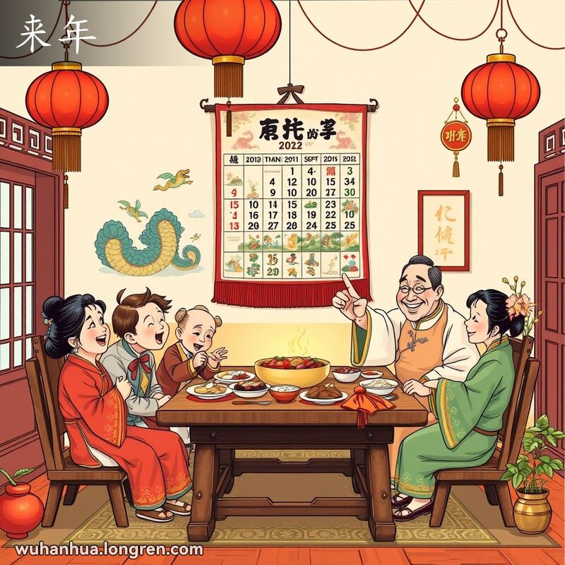 一个武汉家庭围坐在桌旁，爷爷指着墙上的农历，脸上带着温暖的笑容，象征着对来年的期待和希望，背景有红灯笼和吉祥符号。