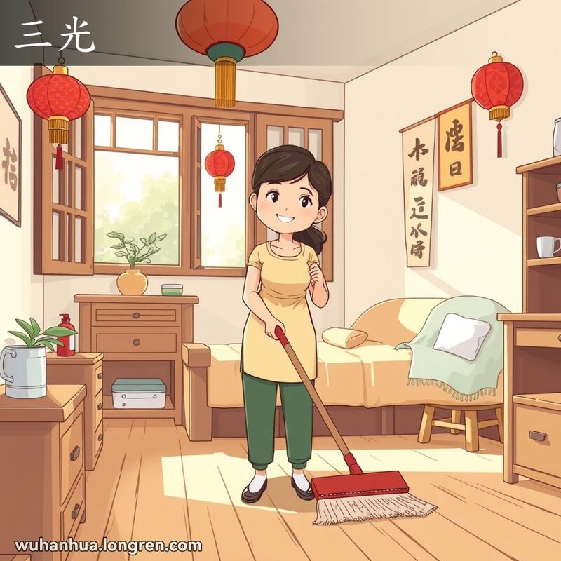 一位武汉妇女在整洁的家中打扫卫生，房间内家具整齐，地面干净，阳光透过窗户洒进来，妇女表情满意。