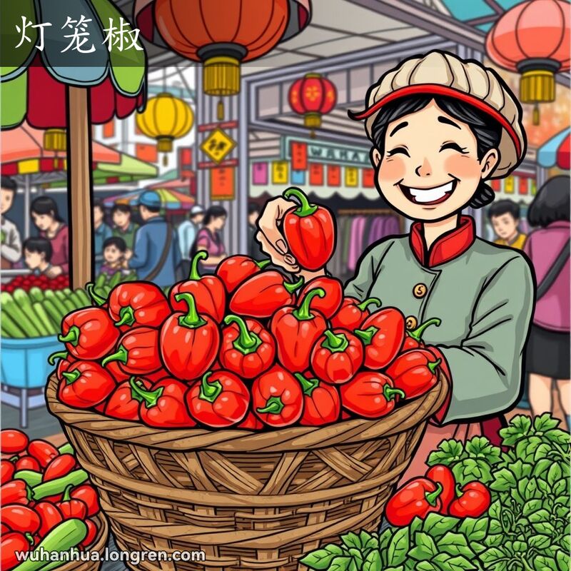 武汉街头市场摊位上的灯笼椒，摊主微笑展示