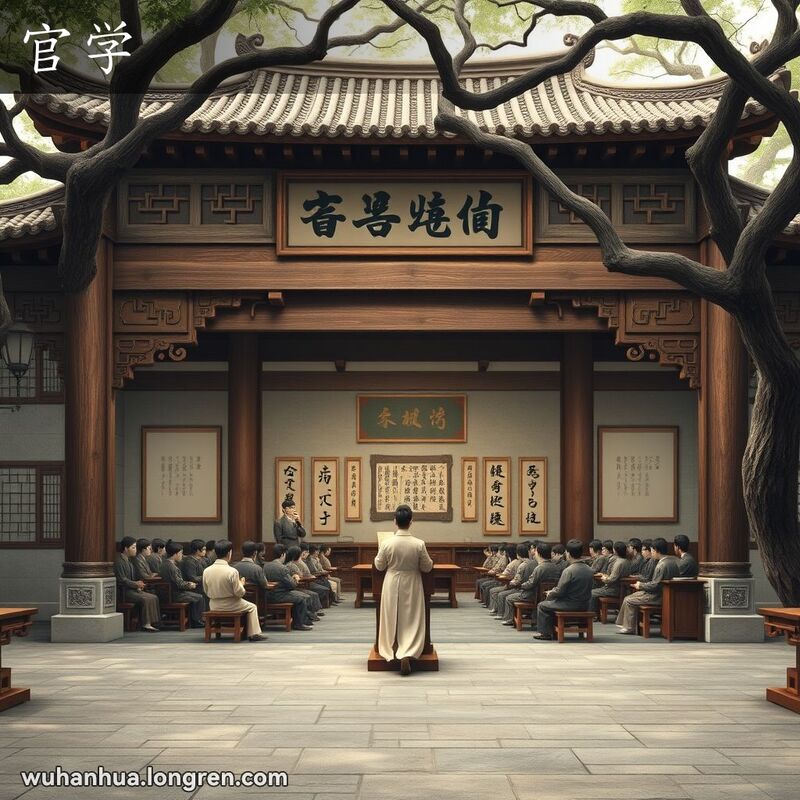 传统中国校舍建筑，学生们在课堂上听讲，教师站在讲台上授课，校门上挂着“官学”牌匾。