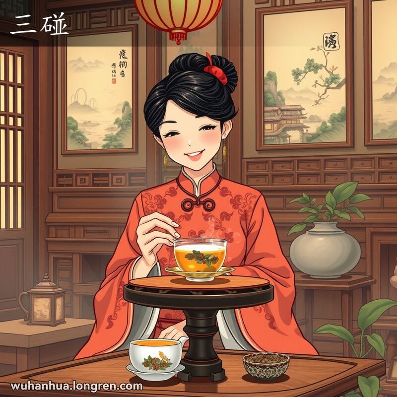 一位身穿传统中式服装的女子在武汉老茶馆内，手持一杯混合茶，微笑着享受茶香，背景是古色古香的茶馆
