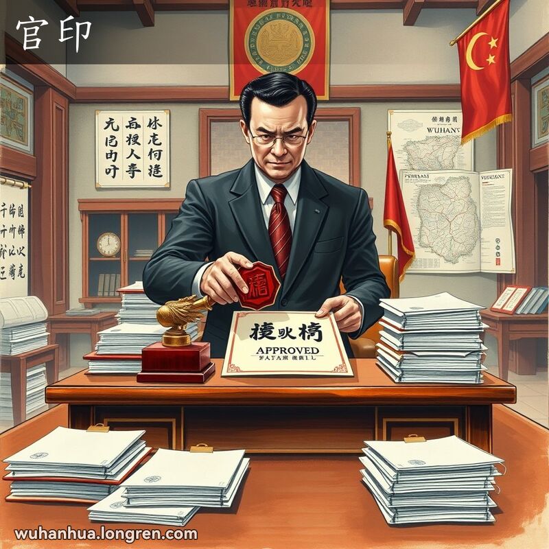 一位武汉政府官员在办公室内手持印章准备盖章，背景有书法卷轴、国旗和武汉地图