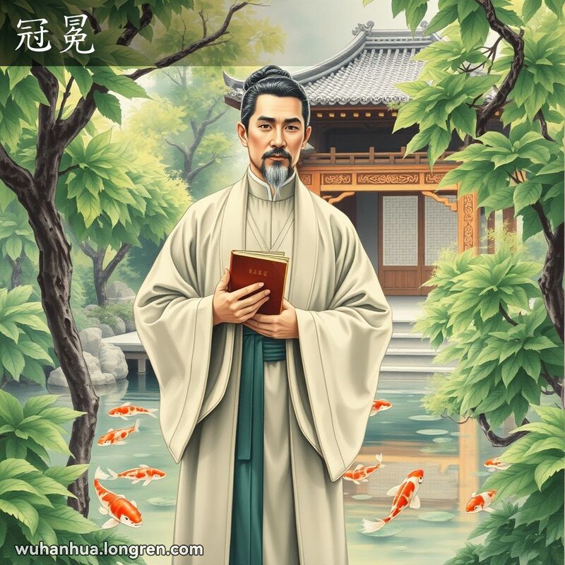 一位穿着传统中式服装的男子在古典园林中优雅地讲解，背景有绿植和亭台楼阁