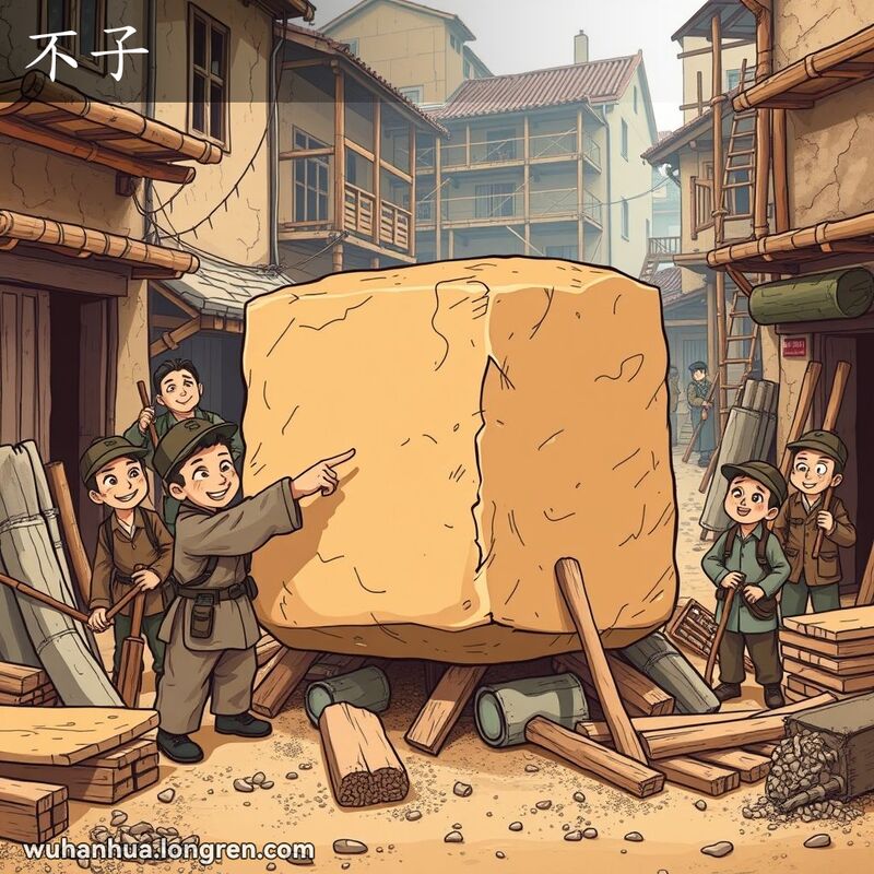 武汉建筑工地上，工人们搬运一块大而粗糙的石头或木头，背景是老旧的建筑和脚手架。