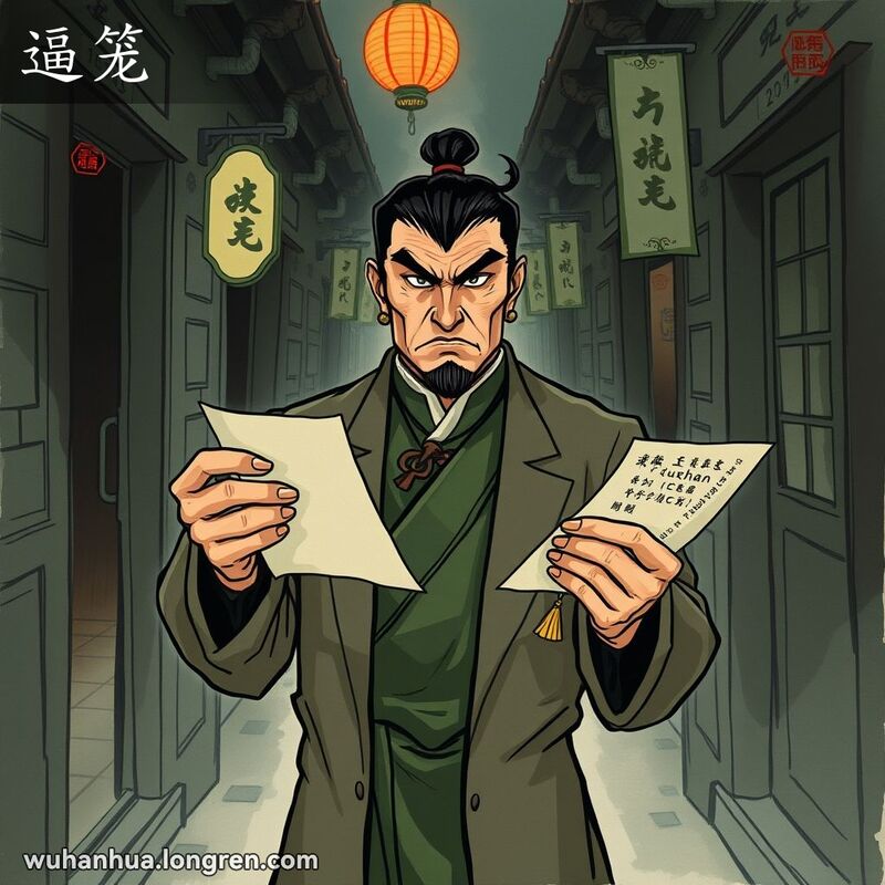 一个男子在昏暗的巷子里手持威胁信和钱袋，背景是武汉老建筑，画面传达出敲诈勒索的紧张氛围。