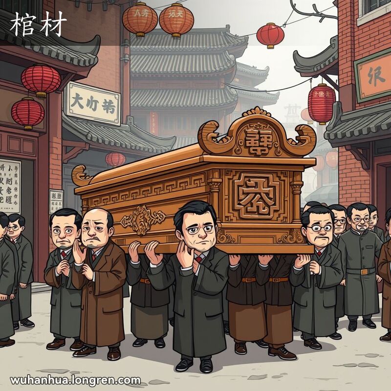 几名男子抬着雕花木棺材走在武汉老街上，背景有红砖墙和旧式招牌