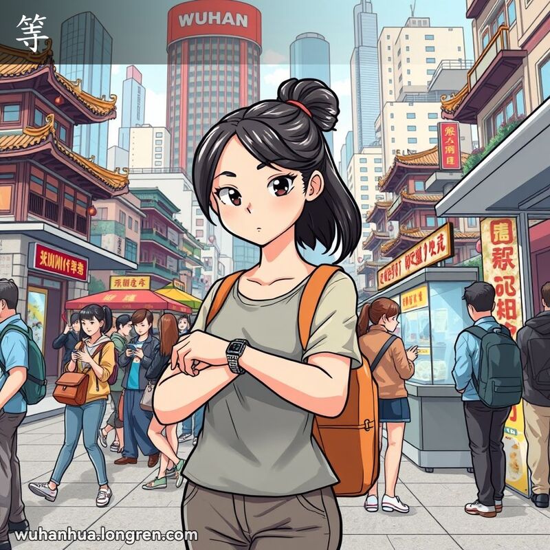 一位年轻女子在武汉街头公交站牌下等待公交车，背景有其他等待的人群和混合的传统与现代建筑。