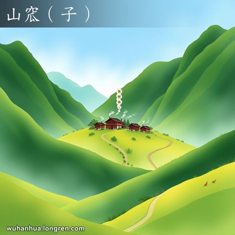 绿意盎然的山景中，一片平地被高耸的青山环绕，象征着山谷中的宁静村落，村中有传统木质房屋和蜿蜒小路。