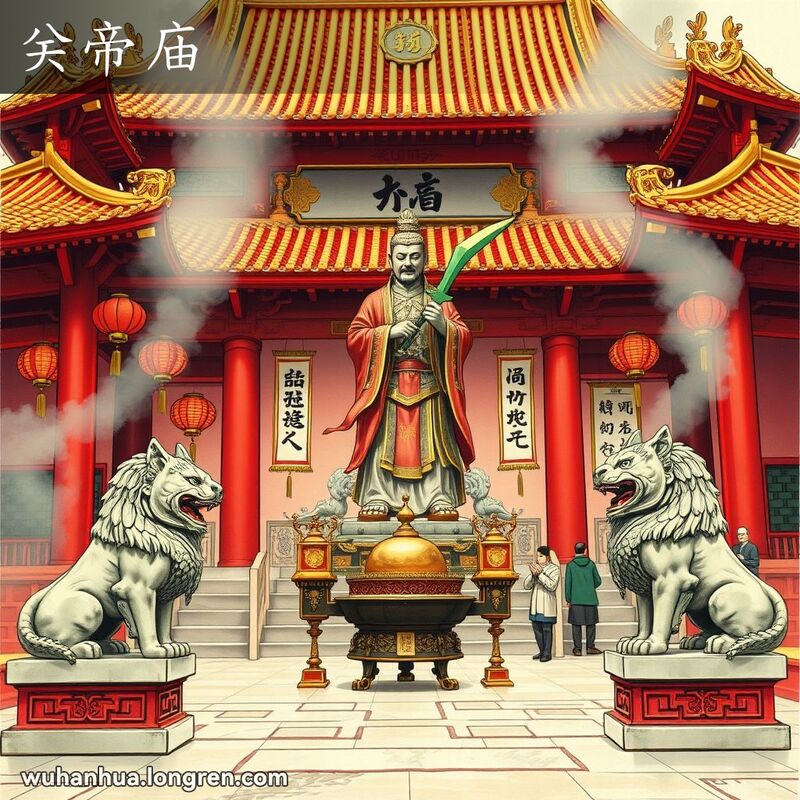 一座供奉关羽的关帝庙，红墙金顶，庙门口有石狮子守护，庙内有关羽塑像和香炉供品，背景有灯笼和信徒。