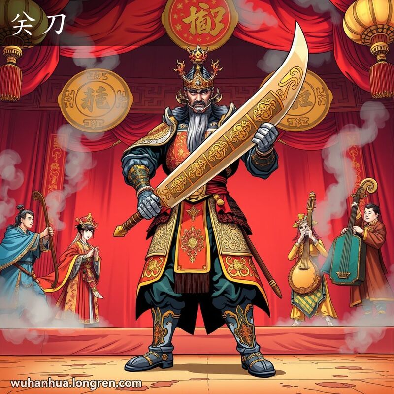 传统中国戏曲舞台上，一位武士手持关刀，背景有其他演员和乐器