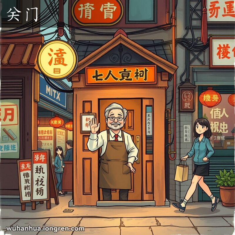 武汉老街黄昏时分，店主正在关门，向最后一位顾客挥手告别，背景中其他店铺也在关门。