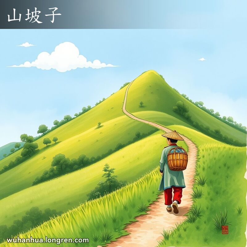绿意盎然的山坡，一位武汉居民背着竹篮采集草药，天空晴朗，画风传统中国水墨画