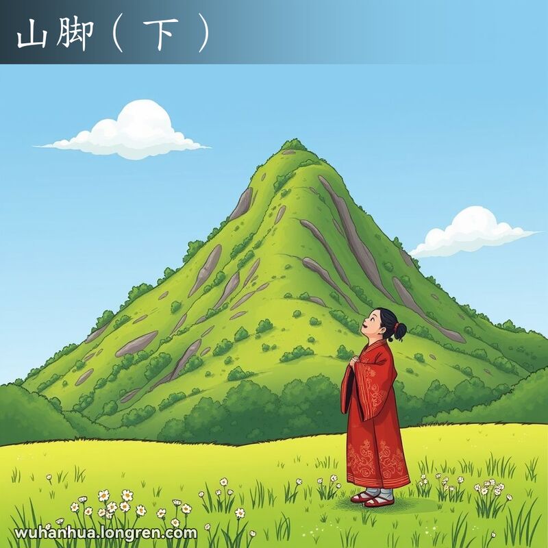 一位武汉居民站在山脚下，仰望山顶，背景是茂密的绿树和晴朗的蓝天