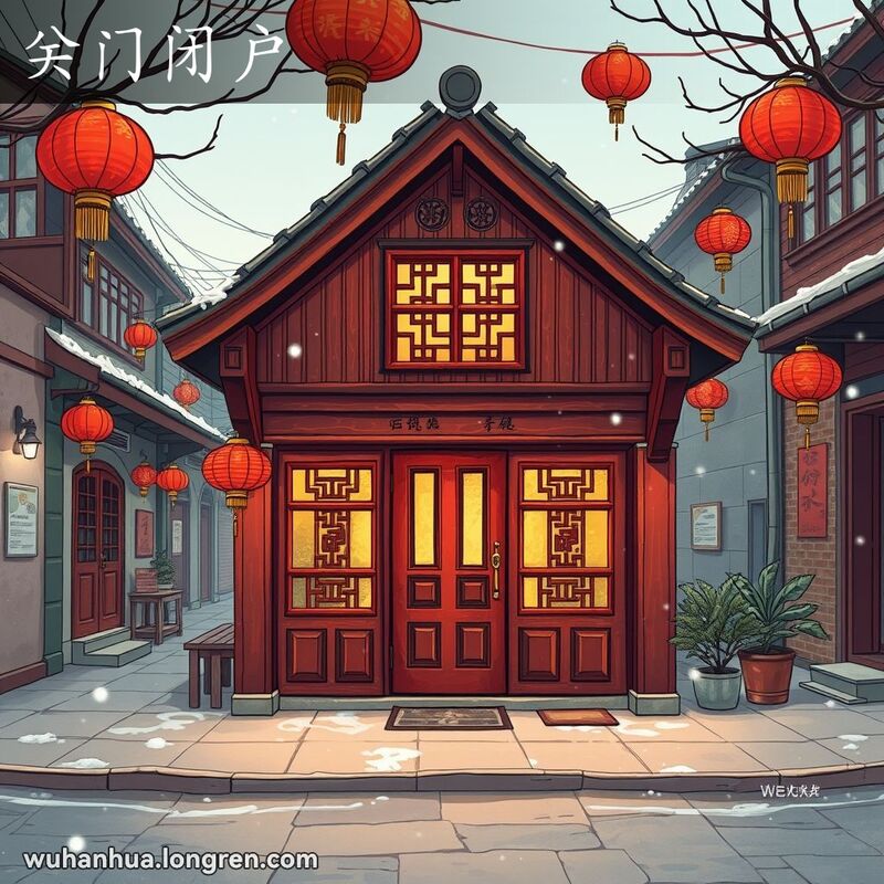 武汉传统街区过年期间，所有房屋门窗紧闭，门口挂着红灯笼和对联，街道安静无人，偶有几片雪花飘落。