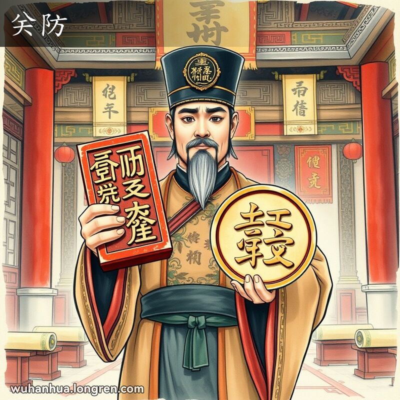 一位古代中国官员手持官印站在宏伟的大厅中，背景有传统木雕和卷轴