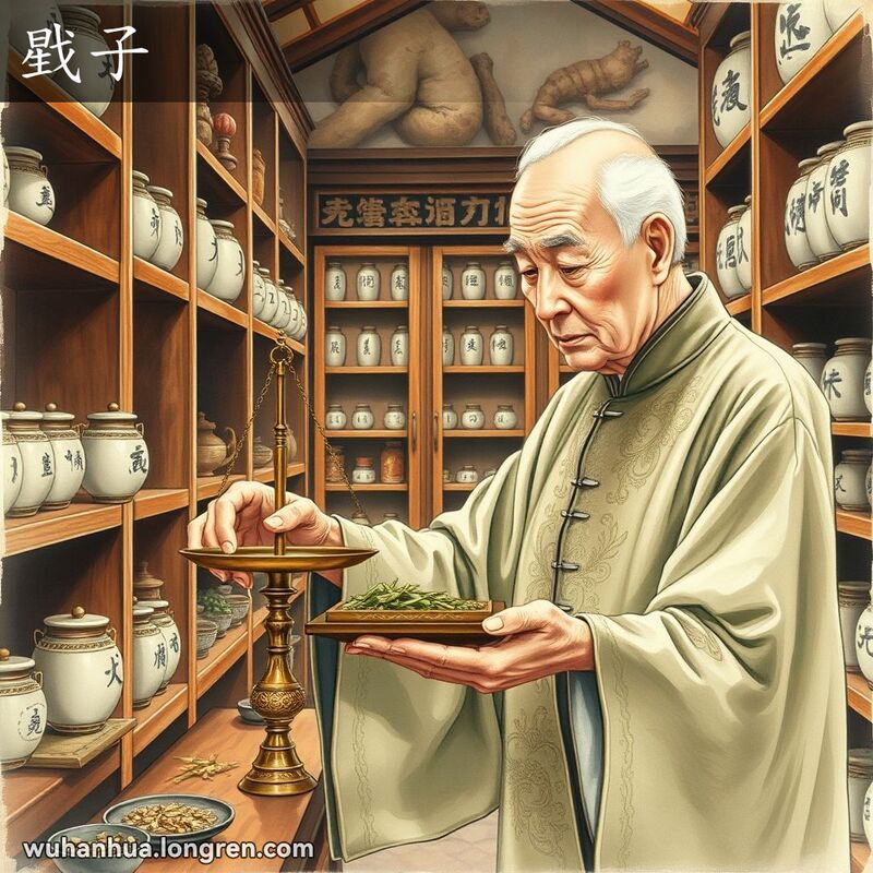 一位老药师在古色古香的药店中使用戥子称量草药