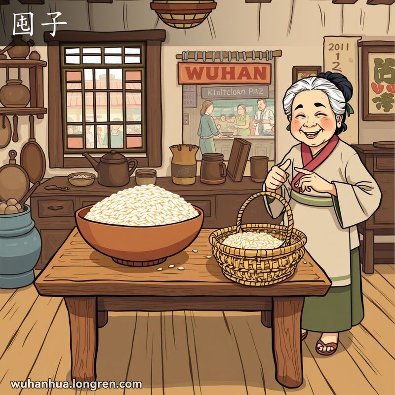 传统武汉厨房中，桌上有满满一碗米饭和一个竹篾编织的小篮子，老奶奶微笑指向篮子，背景是老式厨房和热闹街市