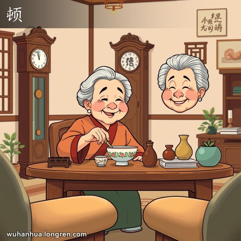 一位奶奶在武汉老家庭客厅中小心地放置瓷碗，背景有挂钟和整齐的桌面物品，象征安放和安排