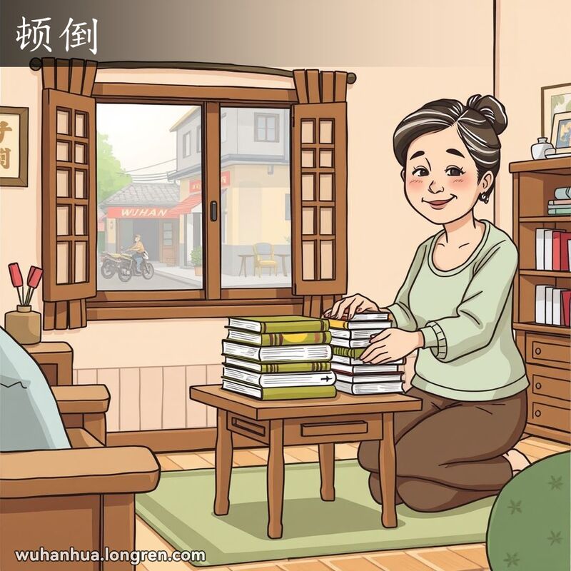 一位中年妇女在武汉传统家庭客厅中整理书籍，背景是武汉街景