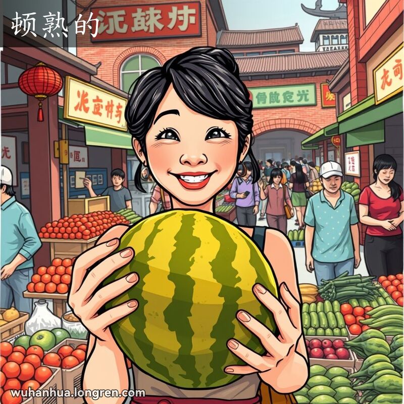 一位武汉女子在市场上手持熟透的西瓜，背景是传统市场景象