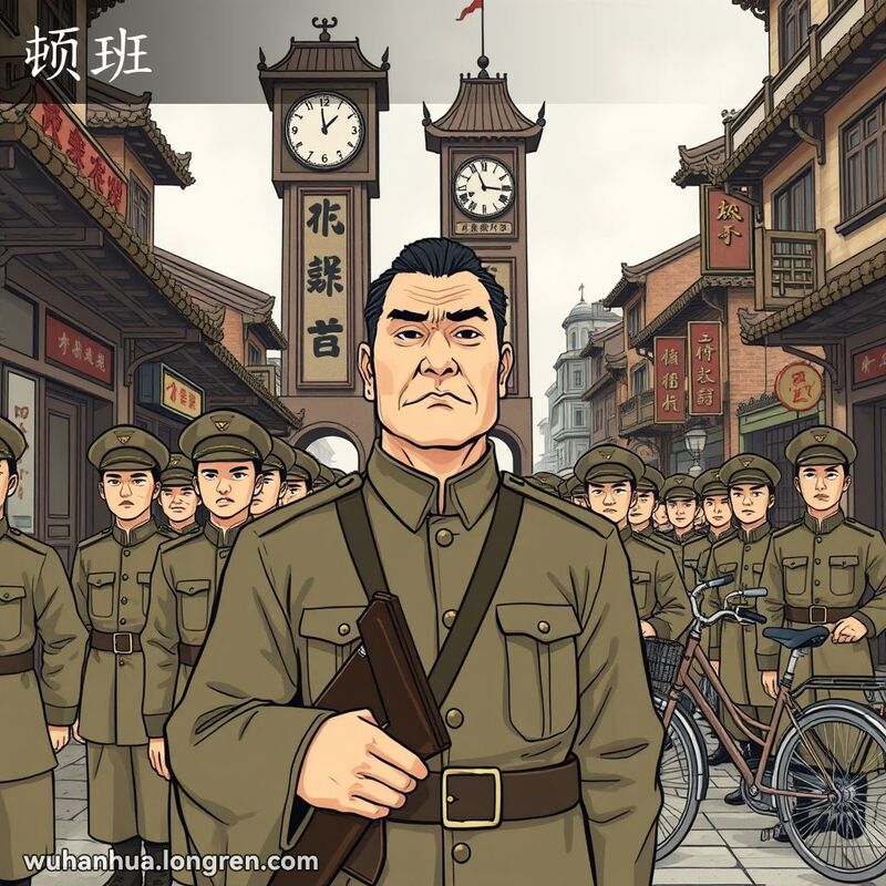 几位穿着旧式军装的男子在武汉老街上排队执勤，背景有古老的钟楼和自行车