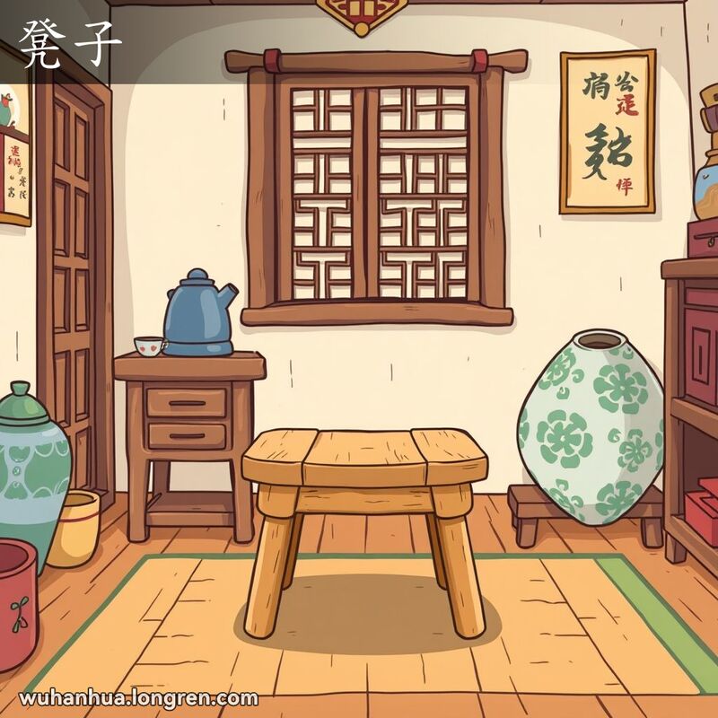 一个温馨的武汉传统家庭场景，房间中央摆放着一张简单的木质凳子，没有靠背，显示出经常使用的痕迹。