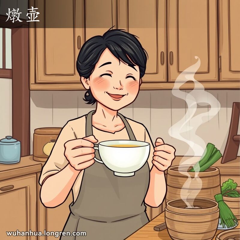 一位中年妇女在传统武汉厨房中手持没有把手的瓷杯，杯中盛有热气腾腾的饮品，背景有竹蒸笼和新鲜蔬菜