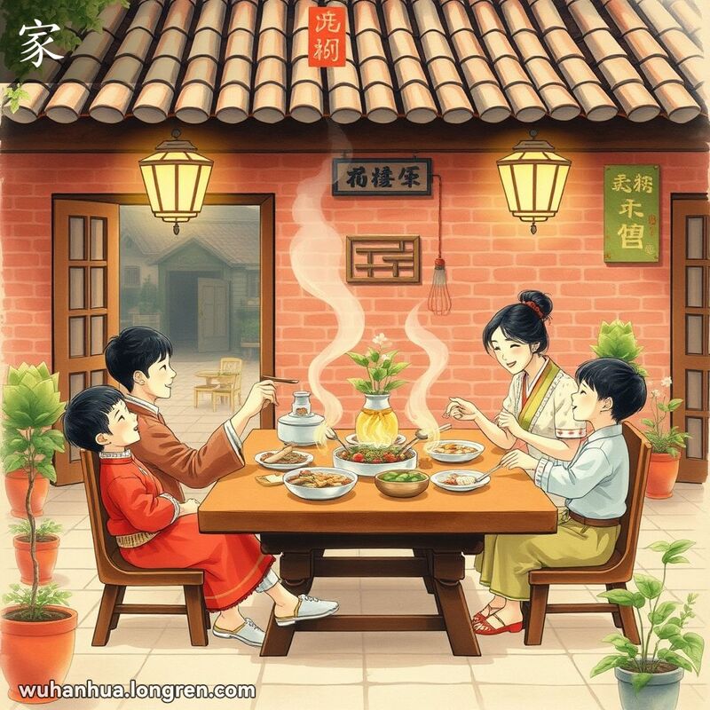 一个温馨的武汉传统院落，一家人围坐在桌子旁享受家庭聚餐，背景有盆栽植物和小花园。