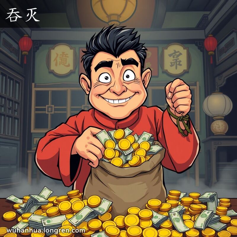 一位贪婪的男子站在金币和钞票前，手拿大袋子，正把钱塞进去，背景是昏暗的房间，画面风格结合漫画和传统中国艺术。