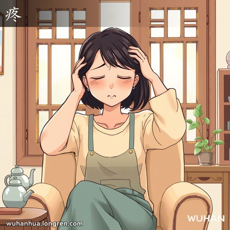 一位武汉女子坐在椅子上，一只手扶着头，面露痛苦的表情，背景是温馨的客厅