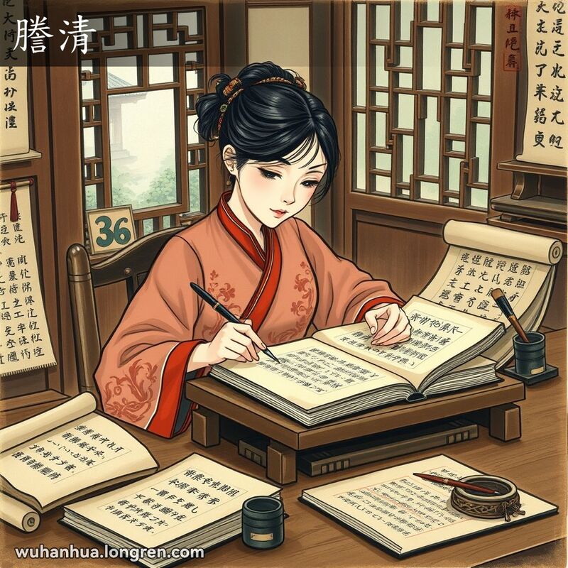 一位身穿传统汉服的年轻女子在古色古香的书房中抄写古籍，背景是中国园林景色