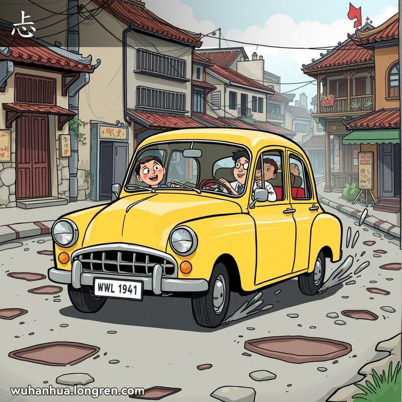 一辆老式汽车在武汉老街的颠簸道路上行驶，车内人员显得不适，背景是传统建筑和坑洼路面