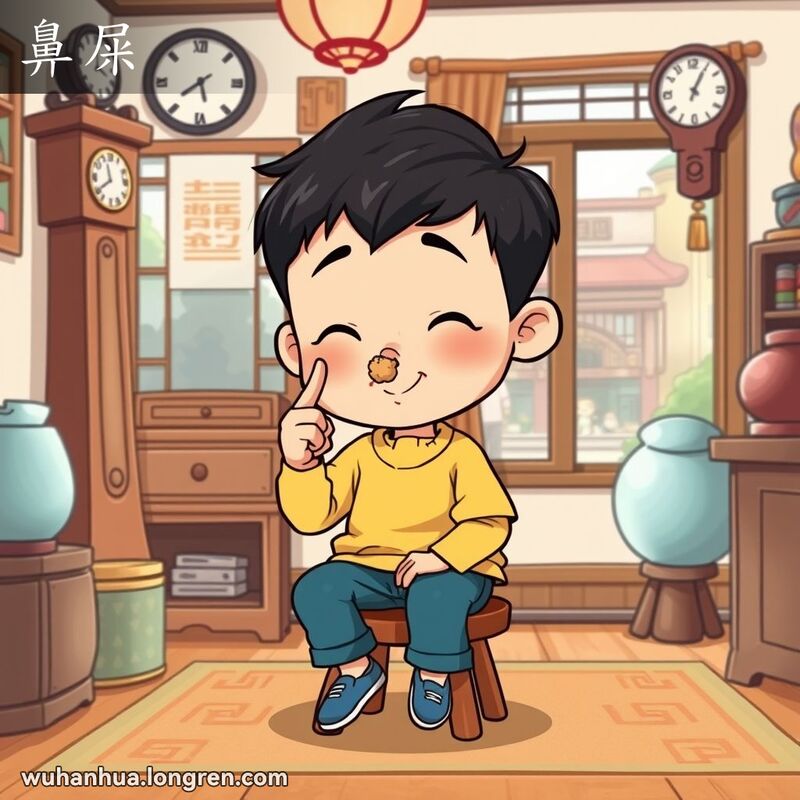 一个小男孩坐在板凳上，手指着鼻子上的鼻屎，背景是武汉传统家庭场景。