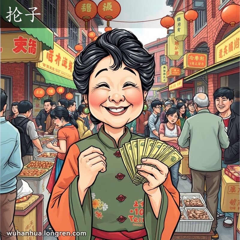 一位中年妇女在武汉街头市场上数钞票，背景是热闹的市场和老建筑