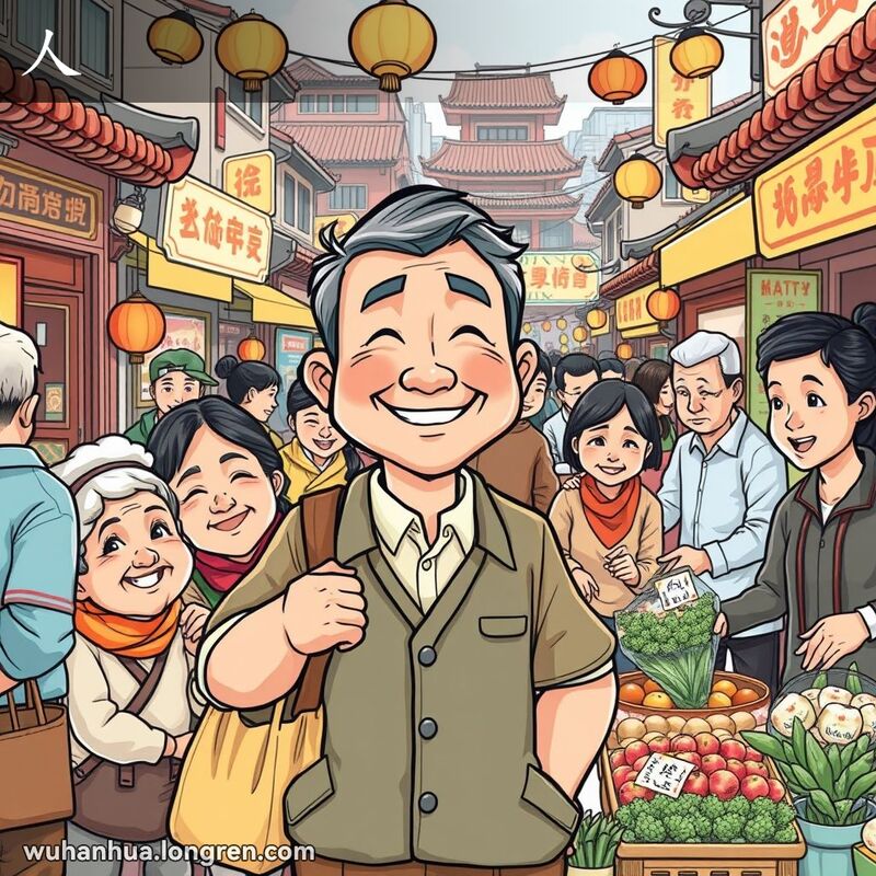 一位友善的中年男子在武汉街市帮助老人提购物袋，旁边年轻女子勤奋工作，背景是热闹的市场和传统建筑。