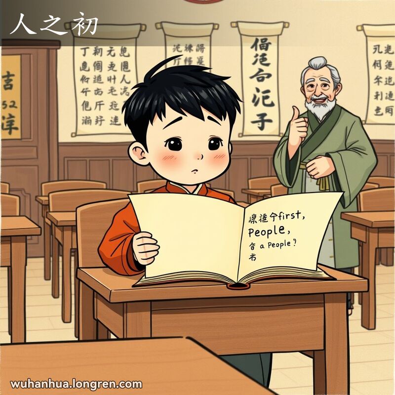 一个小男孩在传统教室里诵读《三字经》，背景有书法挂轴和老师