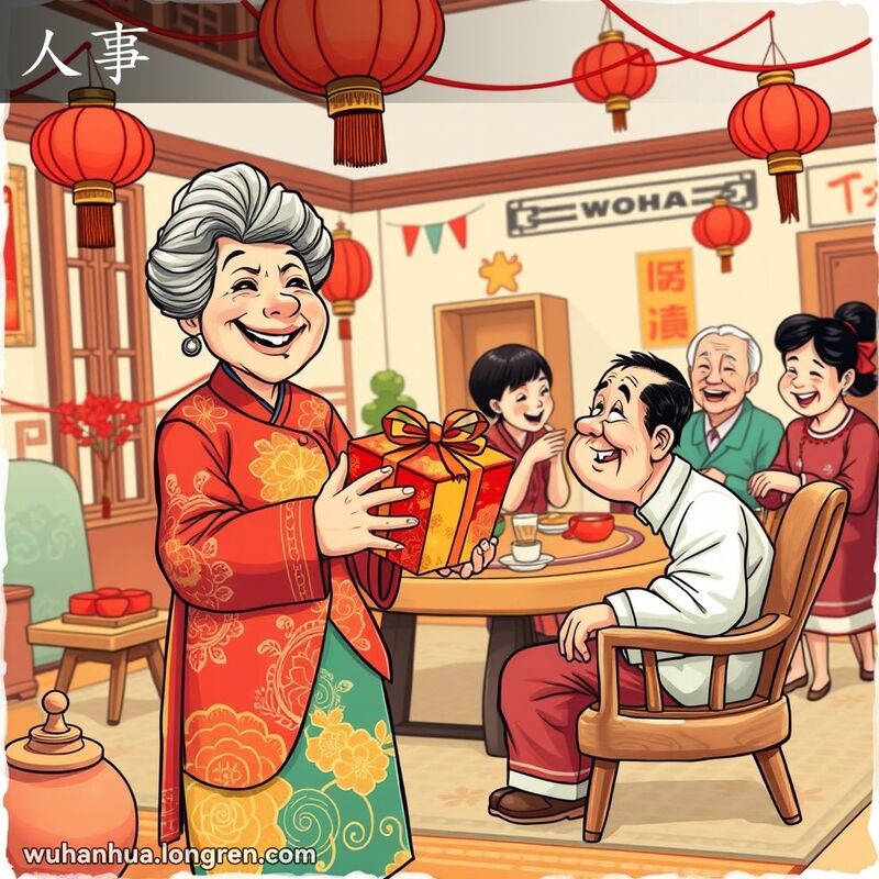 一位中年妇女在传统武汉家庭庆典中递送礼物，背景是装饰华丽的房间和欢笑的家人