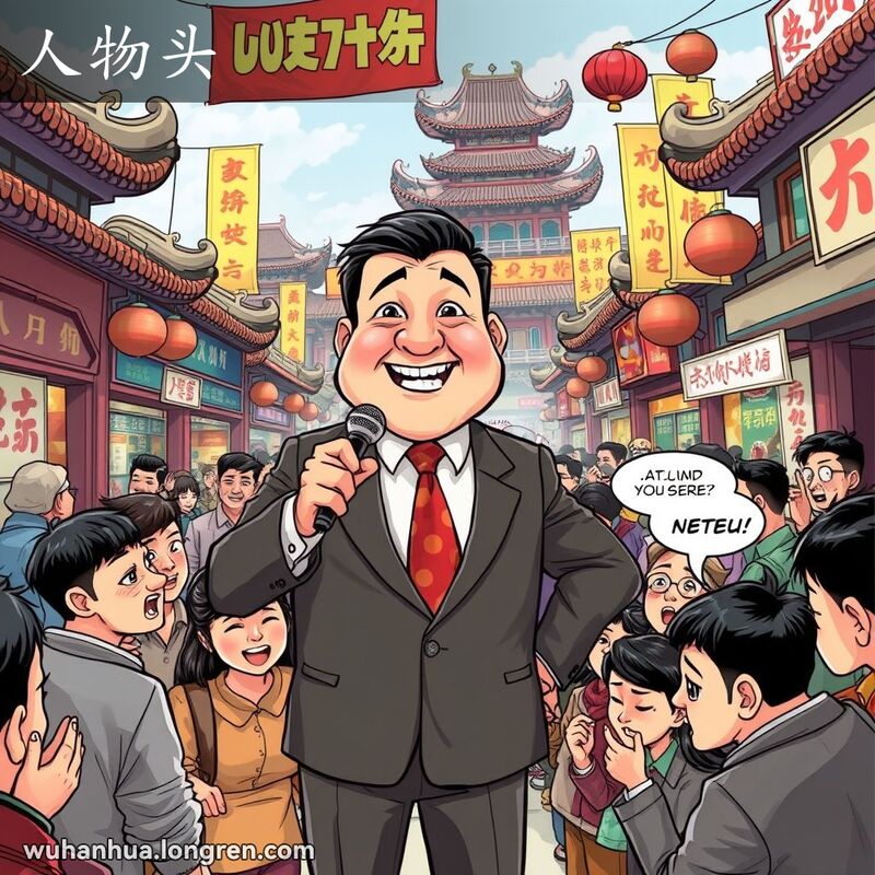 一个穿西装的男人在武汉市场上自豪地讲话，人群中有人印象深刻，有人翻白眼，背景是传统中国建筑和街头小贩。