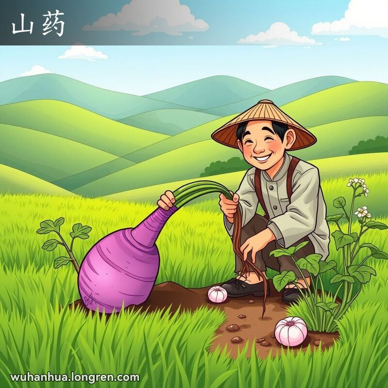 一位武汉农民在田野中挖山药，背景是连绵的山丘和晴朗的蓝天，山药茎带紫色，块根圆柱形，旁边有心形叶子和小白花的山药植物。