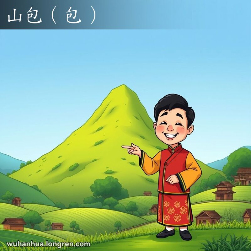 一座绿意盎然的小山，山峰突出，背景是晴朗的蓝天和周围的小山丘与茂密的植被，前景中一位穿着传统中国服饰的武汉居民正微笑着指向小山