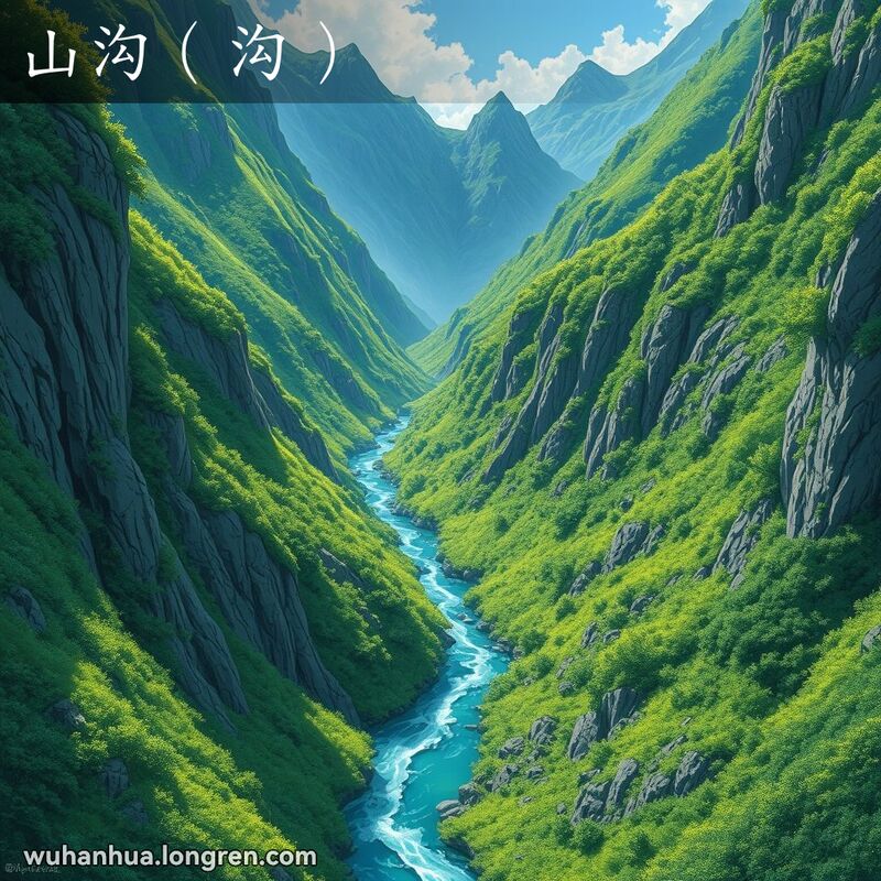 蜿蜒的山间小溪流经深邃的山谷，两侧是高耸的峭壁和茂密的植被，展现了武汉方言“山沟”的自然景观