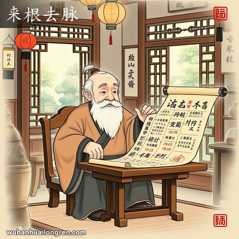 一位老者在茶馆中展开卷轴，解释事情的来龙去脉，背景有传统中国装饰和宁静庭院