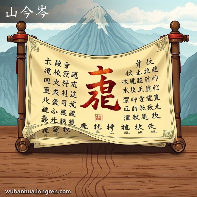 传统家谱卷轴上，姓‘岑’的字被金色墨水突出显示，背景是宁静的山景
