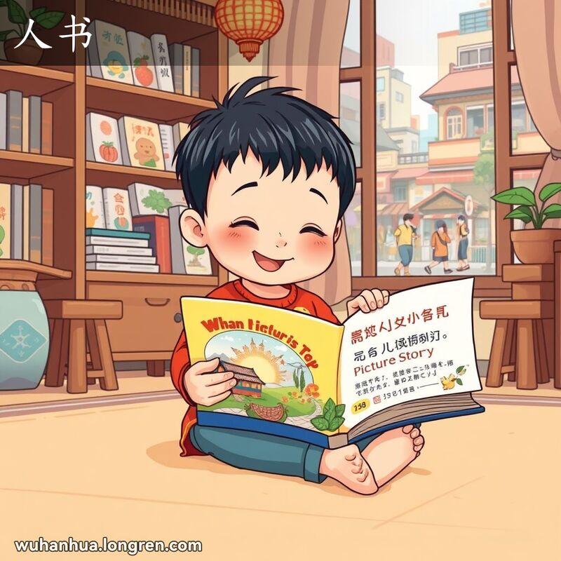一位武汉小孩坐在地上，专注地翻阅连环画书，背景是温馨的客厅和繁忙的街景