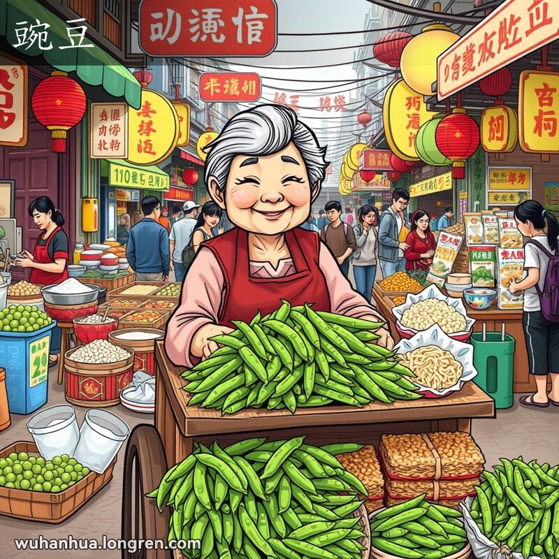 武汉街头市场，推车上堆满新鲜豌豆，老年妇女摊贩微笑着，背景是各种豌豆制品和热闹的市场场景