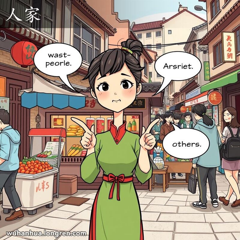 一位年轻女子在武汉老街小店前，指着自己和他人，表情不满，背景是热闹的市场和行人