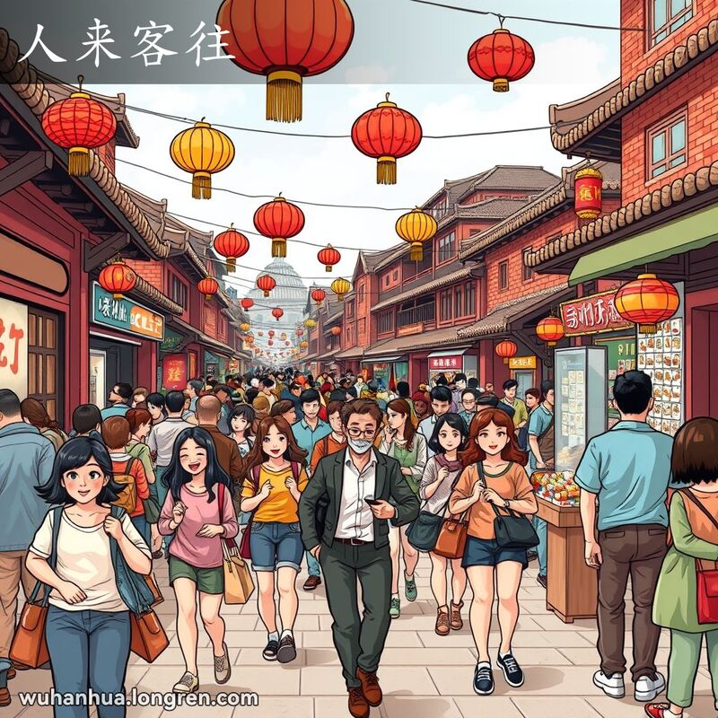 一条热闹的武汉老街，人们匆匆走动，有的提着购物袋，有的热烈交谈，还有的在小摊前购买小吃或浏览商品，展现了“人来客往”的场景。