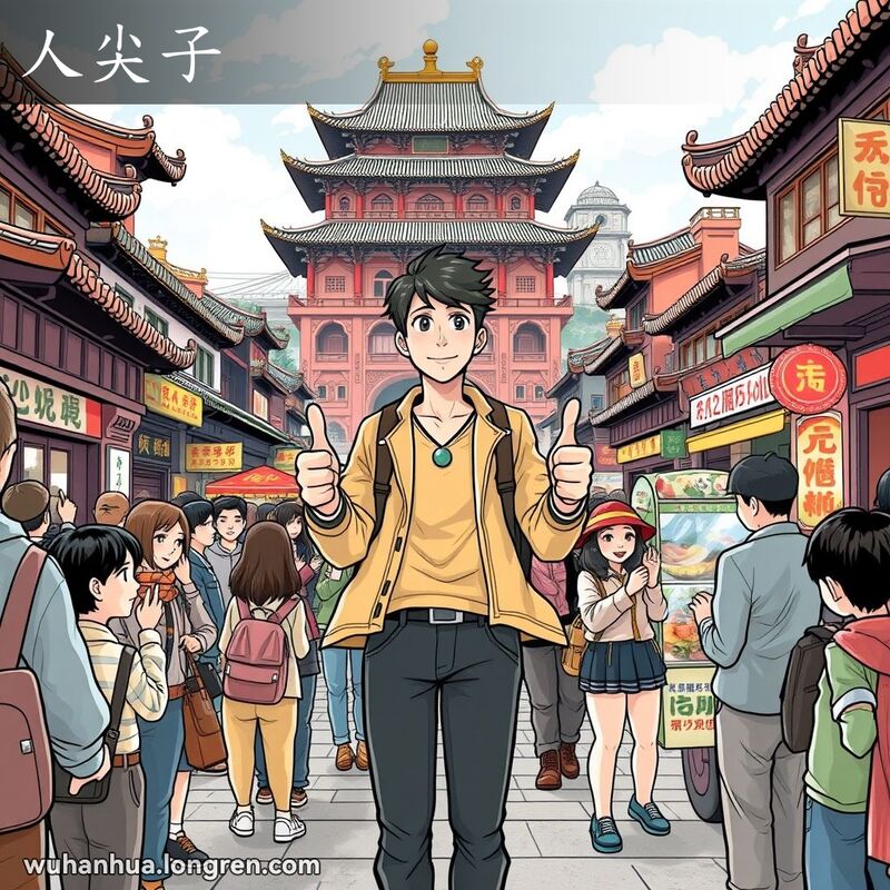 一位出类拔萃的年轻人站在武汉街头，周围人们赞赏有加，背景有黄鹤楼和长江大桥