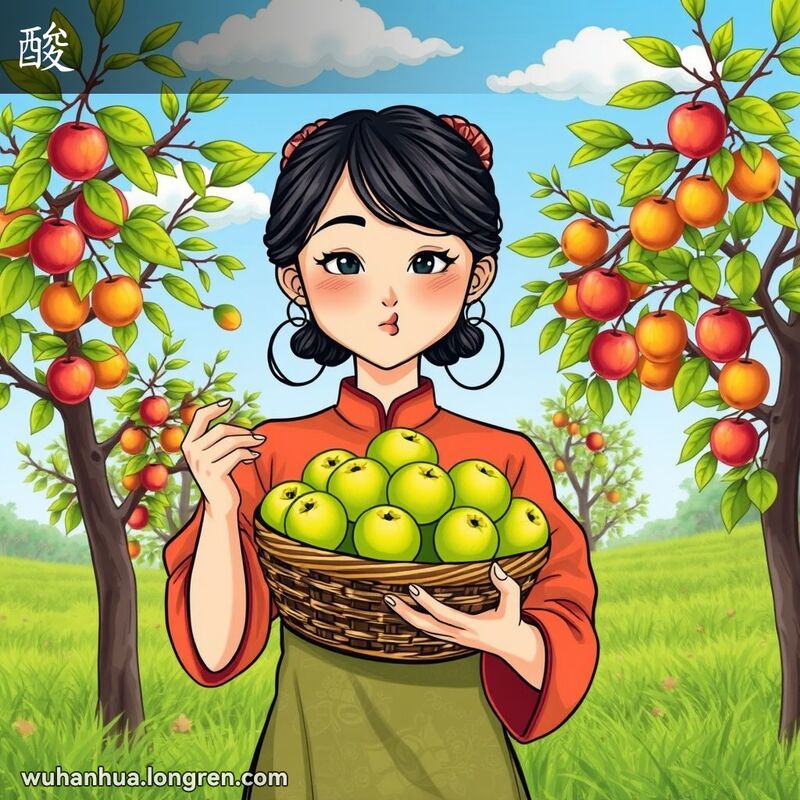 一位年轻女子在果园中品尝青梅，露出酸涩的表情，背景是茂密的梅树林和晴朗的天空