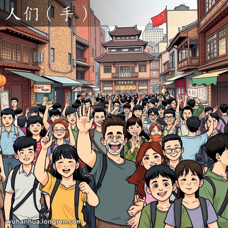 武汉街道上，许多人手势丰富，背景是传统建筑和街头小贩